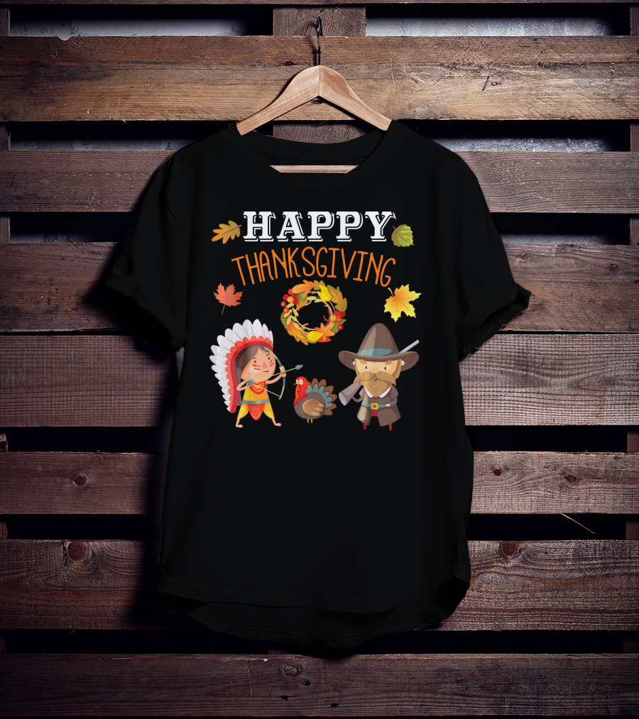 Thanksgiving Celebration With Native American And Pilgrim Turkey T-Shirt