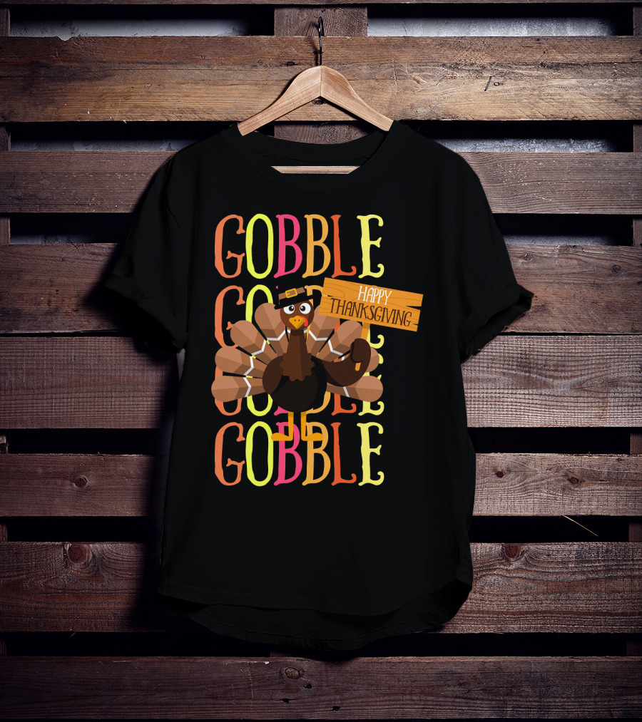 Gobble Gobble Happy Thanksgiving Turkey Pilgrim T-Shirt