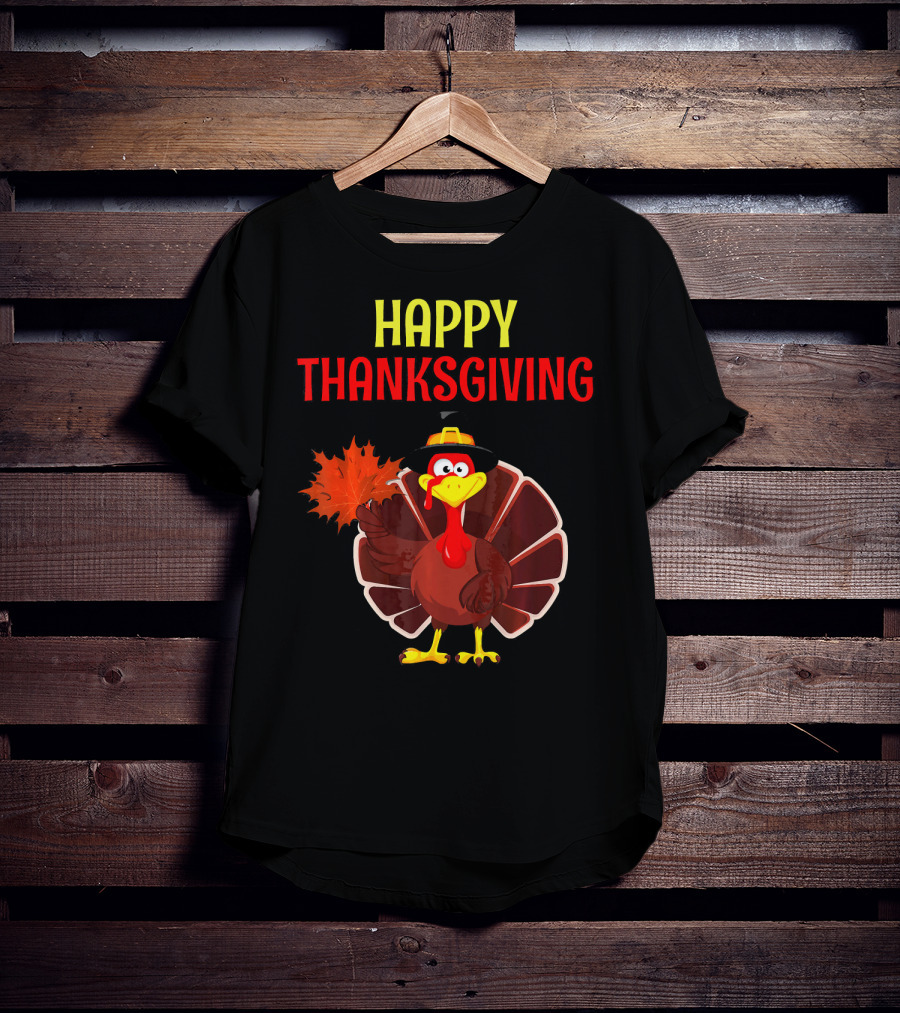 HAPPY THANKSGIVING Turkey Holding Leaf T-Shirt
