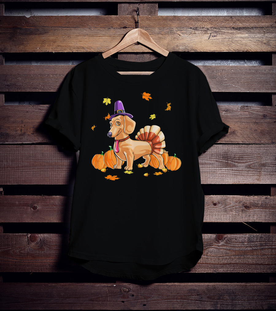 Happy Thanksgiving Dachshund Dressed As Turkey With Pumpkins And Fall Leaves T-Shirt