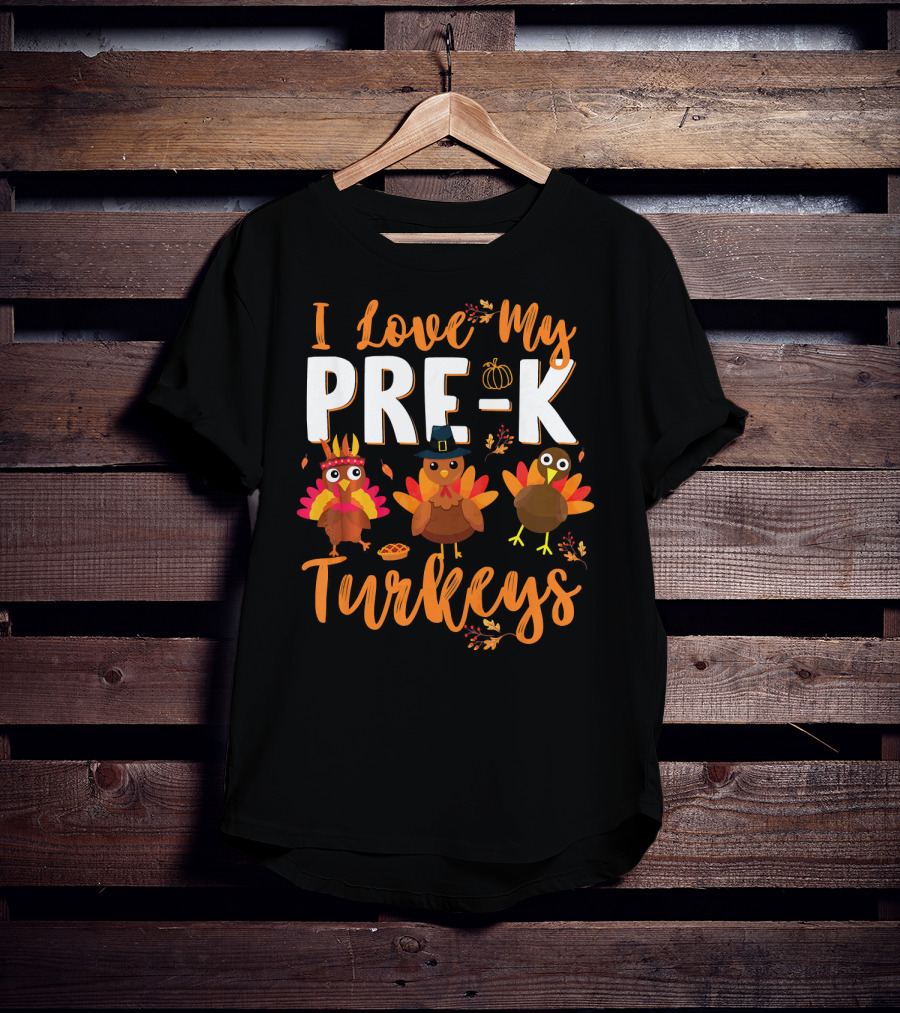 I Love My Pre K Turkeys Pumpkin Hat Pie Autumn Leaves T-Shirt