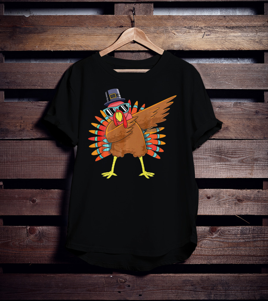 Funny Dabbing Turkey Dab Thanksgiving Bo Thanksgiving Turkey Dab Pilgrim Hat Sunglasses T-Shirt