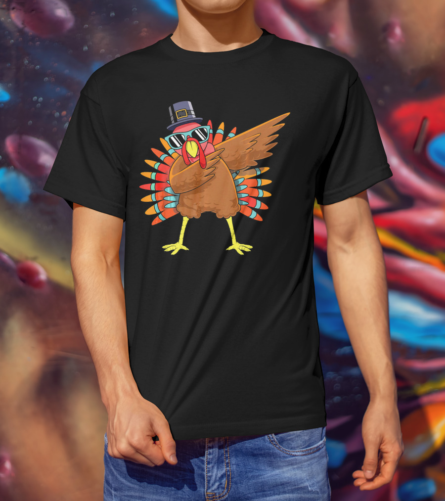 Funny Dabbing Turkey Dab Thanksgiving Bo Thanksgiving Turkey Dab Pilgrim Hat Sunglasses T-Shirt