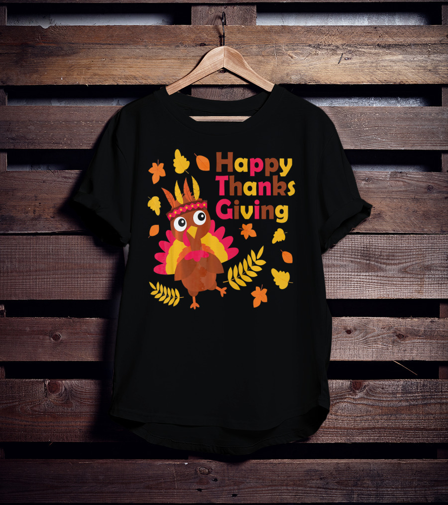 Happy Thanksgiving Cute Turkey With Native American Inspired Details And Autumn Leaves T-Shirt