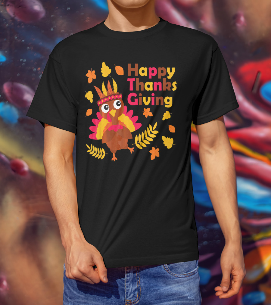 Happy Thanksgiving Cute Turkey With Native American Inspired Details And Autumn Leaves T-Shirt