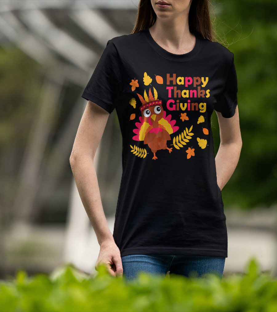 Happy Thanksgiving Cute Turkey With Native American Inspired Details And Autumn Leaves T-Shirt