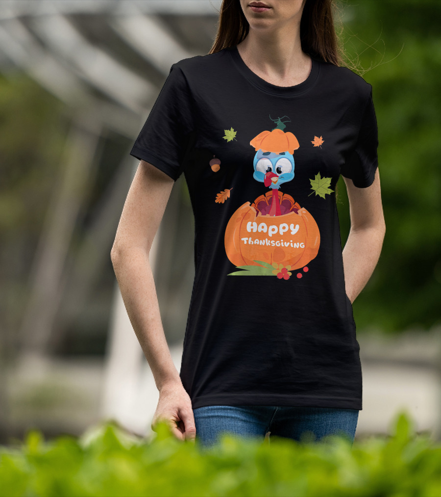 Happy Thanksgiving Cute Turkey Pilgrim In Pumpkin T-Shirt