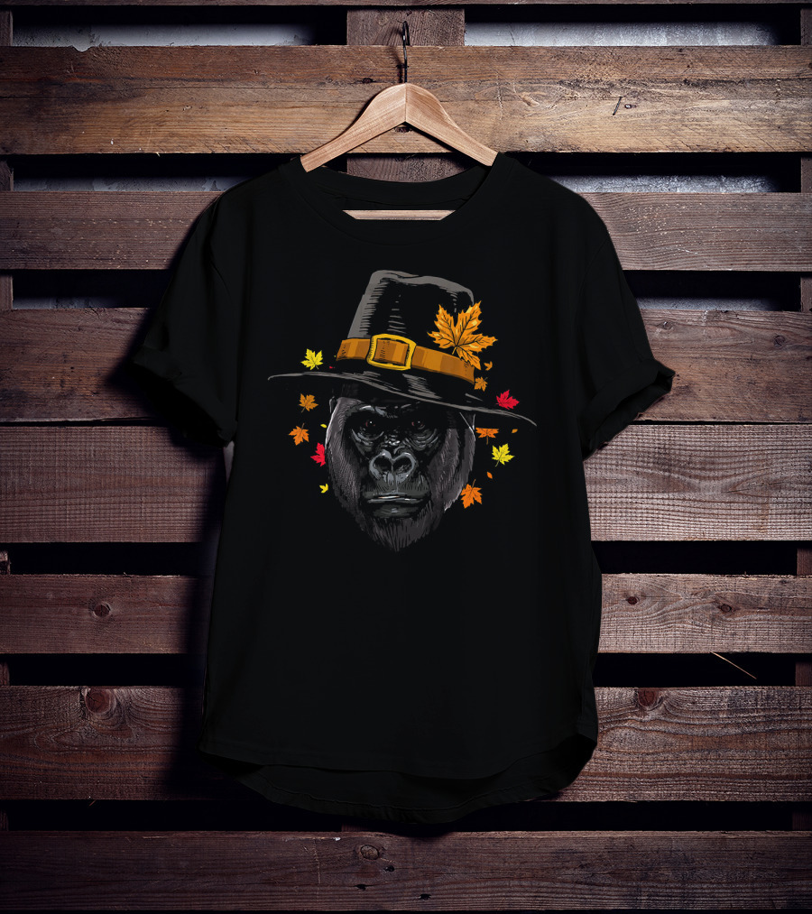 Thanksgiving Gorilla In Pilgrim Hat With Autumn Leaves T-Shirt
