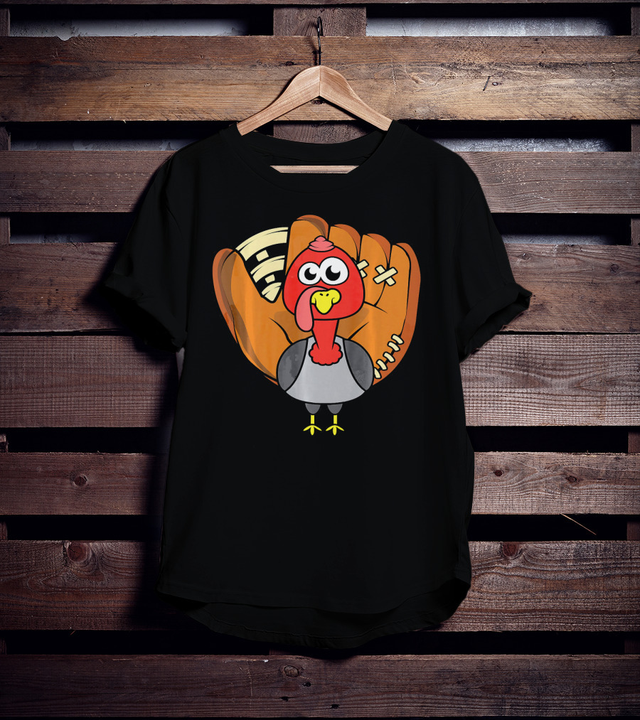 Turkey Day Cute Thanksgiving Boys Turkey With Baseball Glove T-Shirt