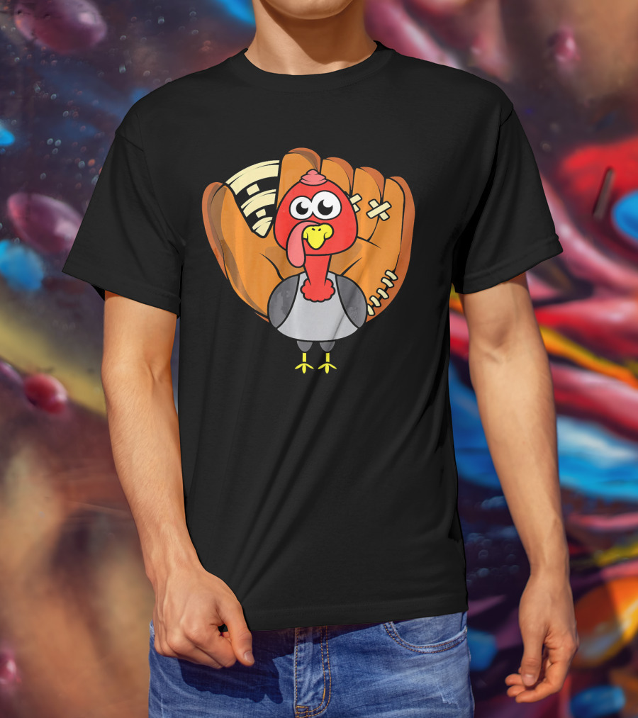 Turkey Day Cute Thanksgiving Boys Turkey With Baseball Glove T-Shirt