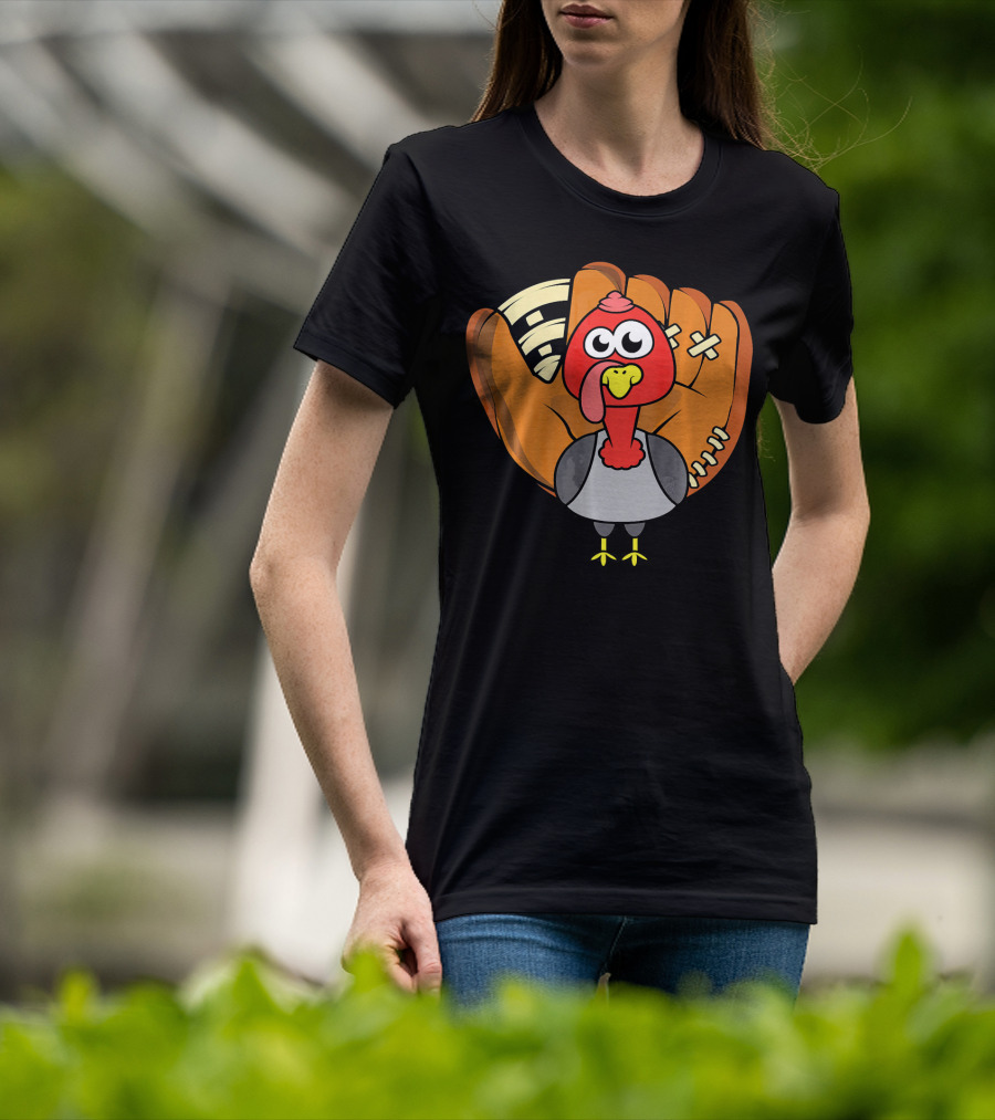 Turkey Day Cute Thanksgiving Boys Turkey With Baseball Glove T-Shirt