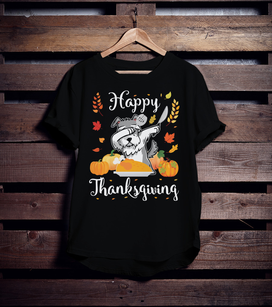 Happy Thanksgiving Schnauzer Dabbing With Turkey And Pumpkins T-Shirt