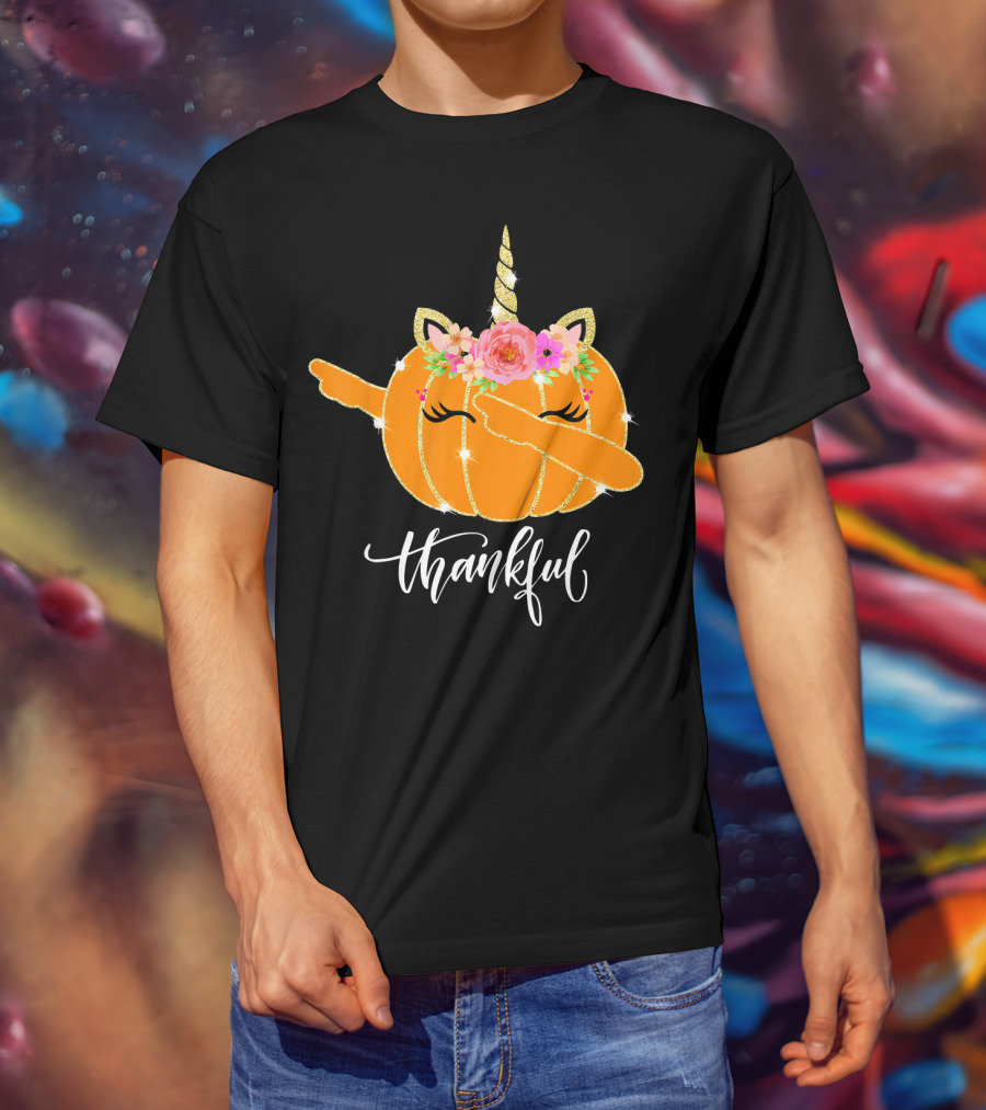 Thankful Dabbing Pumpkin Unicorn With Floral Crown T-Shirt