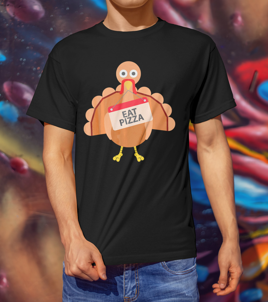 Funny Turkey Eat Pizza Sign Emoji T-Shirt