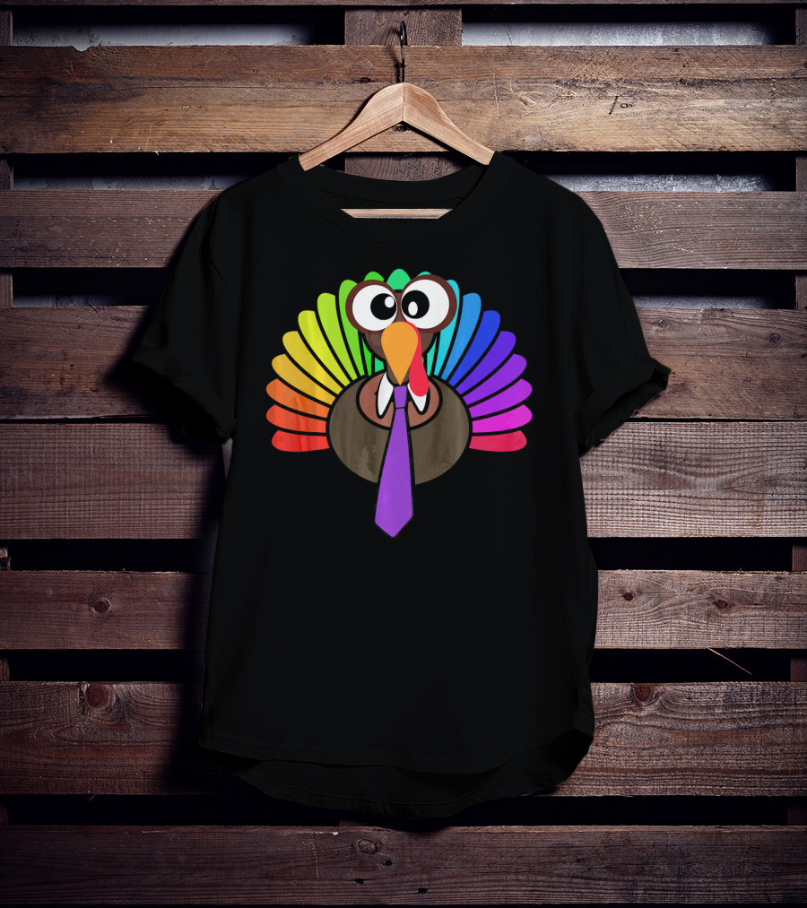 Turkey Face Tie Thanksgiving Colorful Feathers T-Shirt