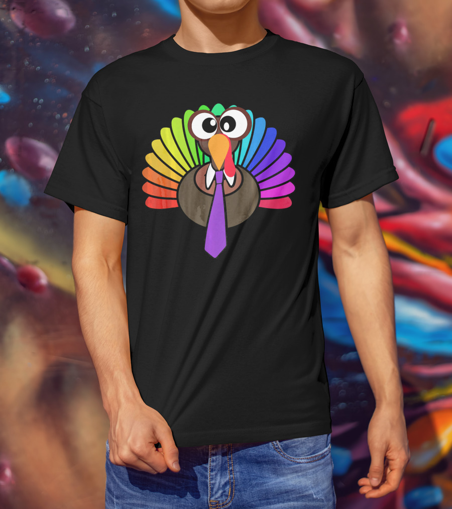 Turkey Face Tie Thanksgiving Colorful Feathers T-Shirt