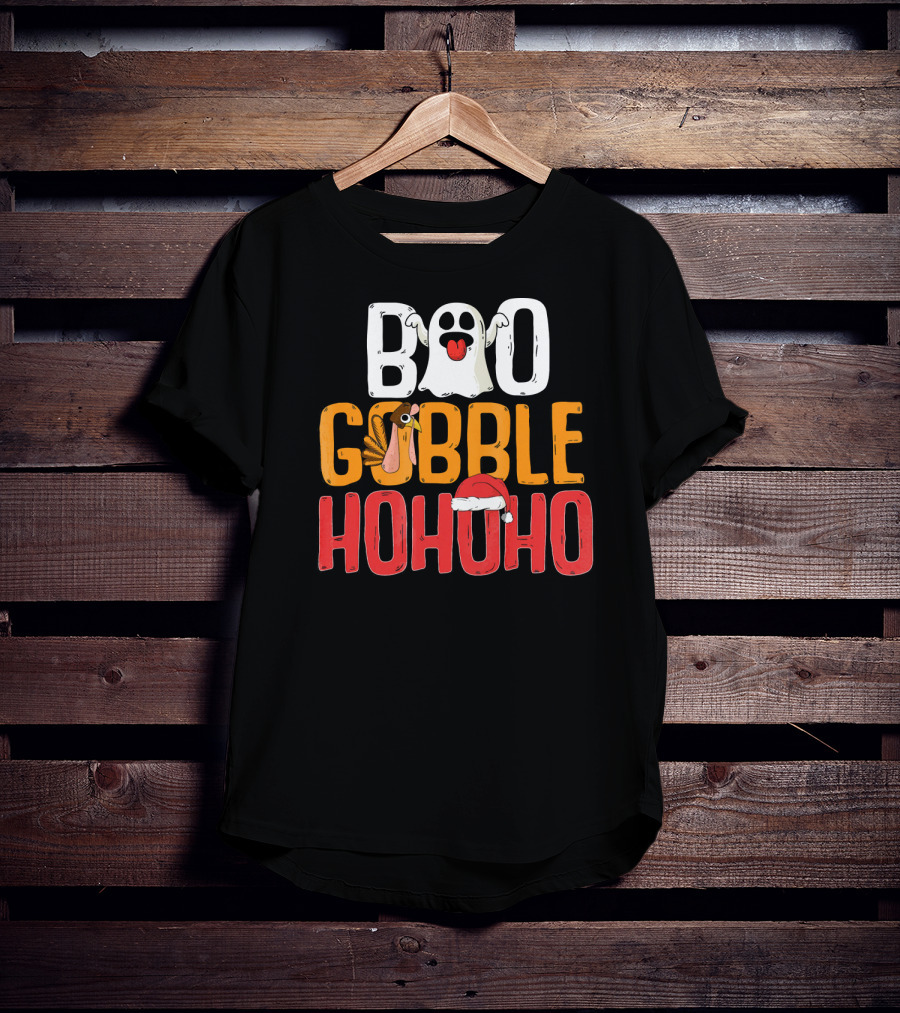 BOO GOBBLE HOHOHO Ghost Turkey Santa Hat T-Shirt