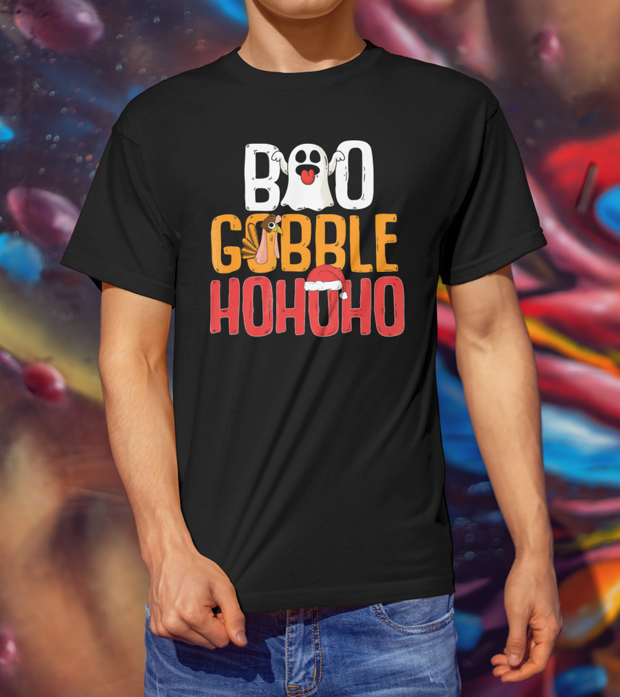 BOO GOBBLE HOHOHO Ghost Turkey Santa Hat T-Shirt