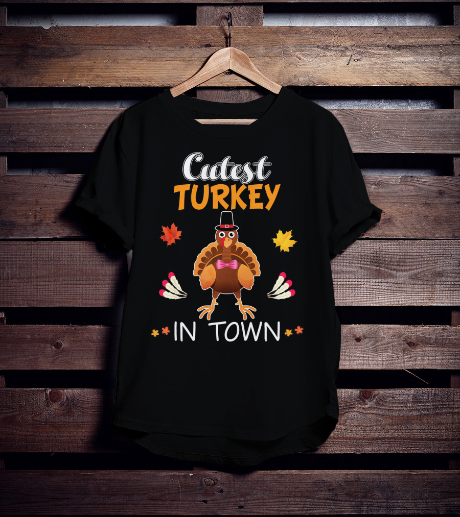 Cutest Turkey In Town Cute Turkey Fall Leaves Bowtie T-Shirt