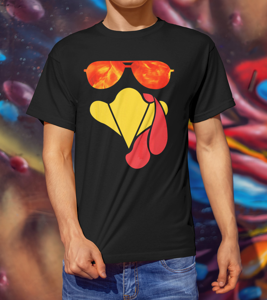 Turkey Face Thanksgiving Sunglasses Fire Flame T-Shirt