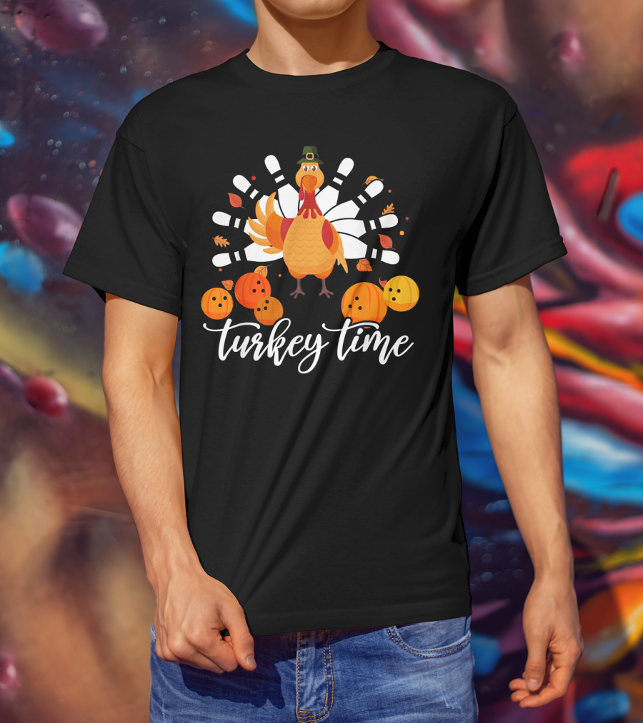 Turkey Time Bowling Fun Thanksgiving Turkey Bowling Pins Pumpkins T-Shirt