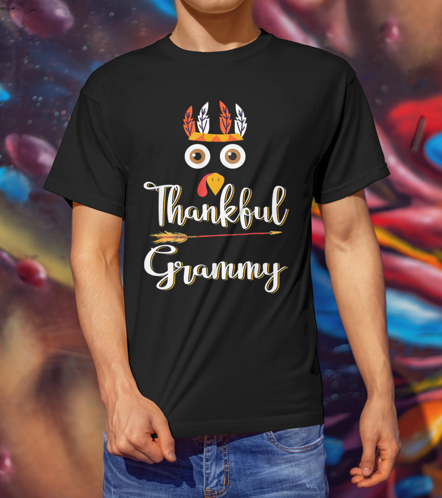 Thankful Grammy Turkey Face With Feather Headband And Arrow T-Shirt