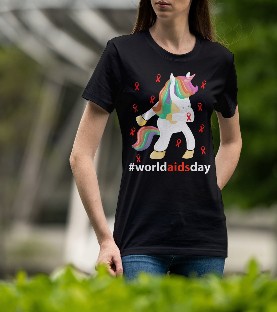 WorldAIDSDay Unicorn With Red Ribbons December 1st T-Shirt