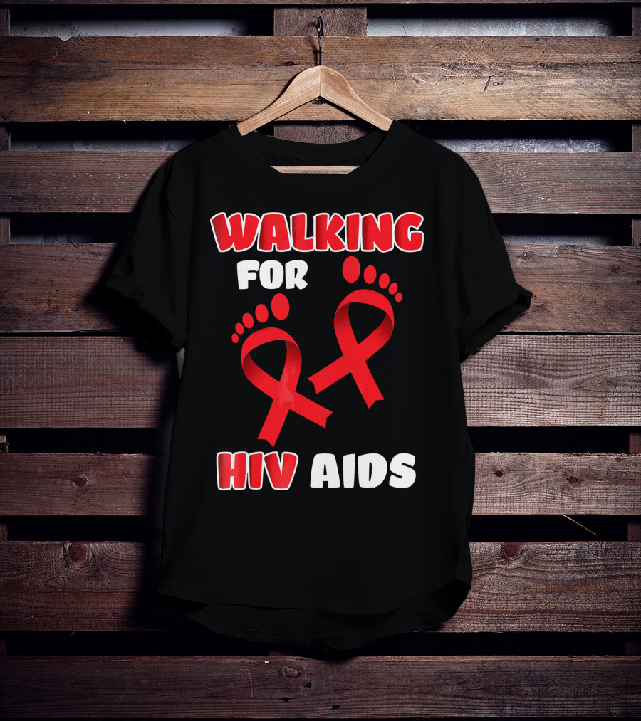 Walking For Hiv Aids Awareness With Red Ribbon Footprint T-Shirt