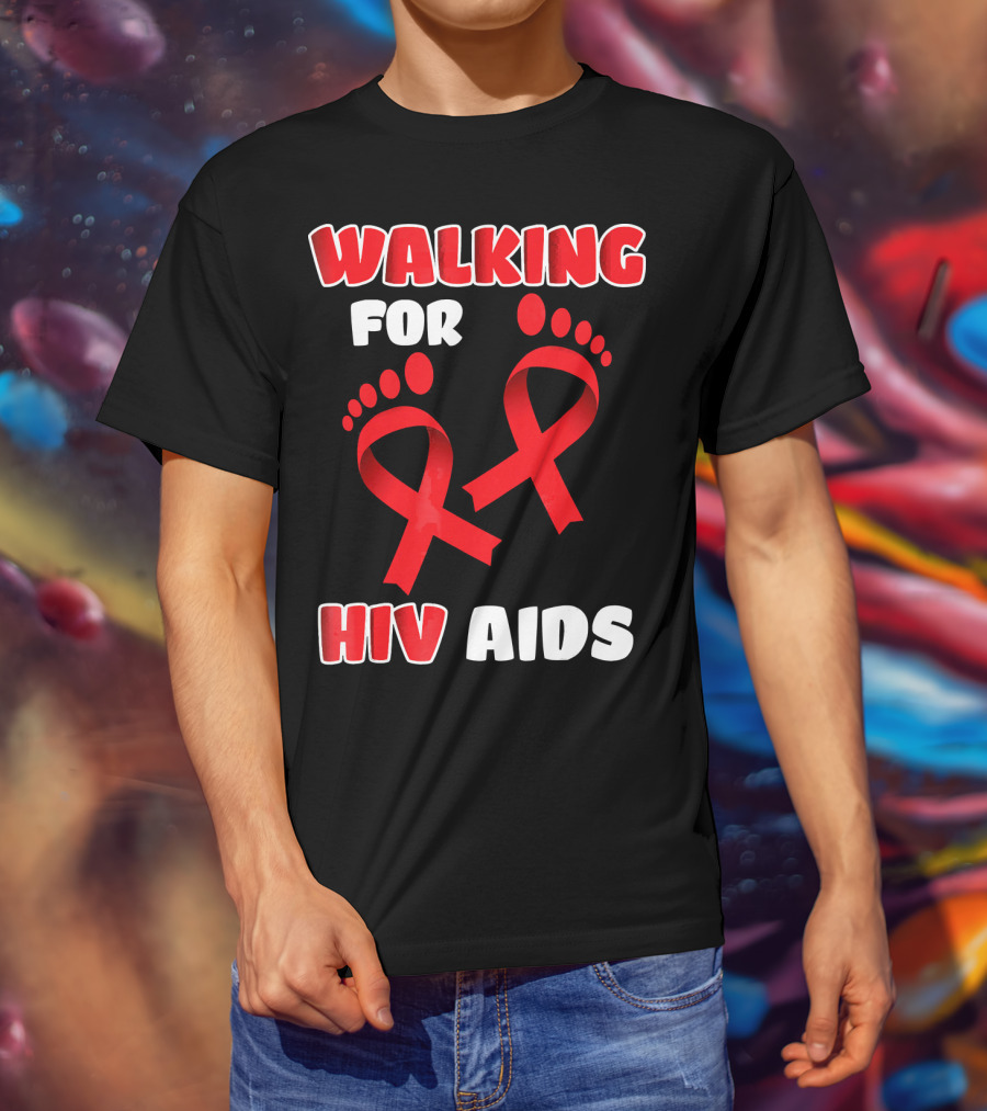 Walking For Hiv Aids Awareness With Red Ribbon Footprint T-Shirt