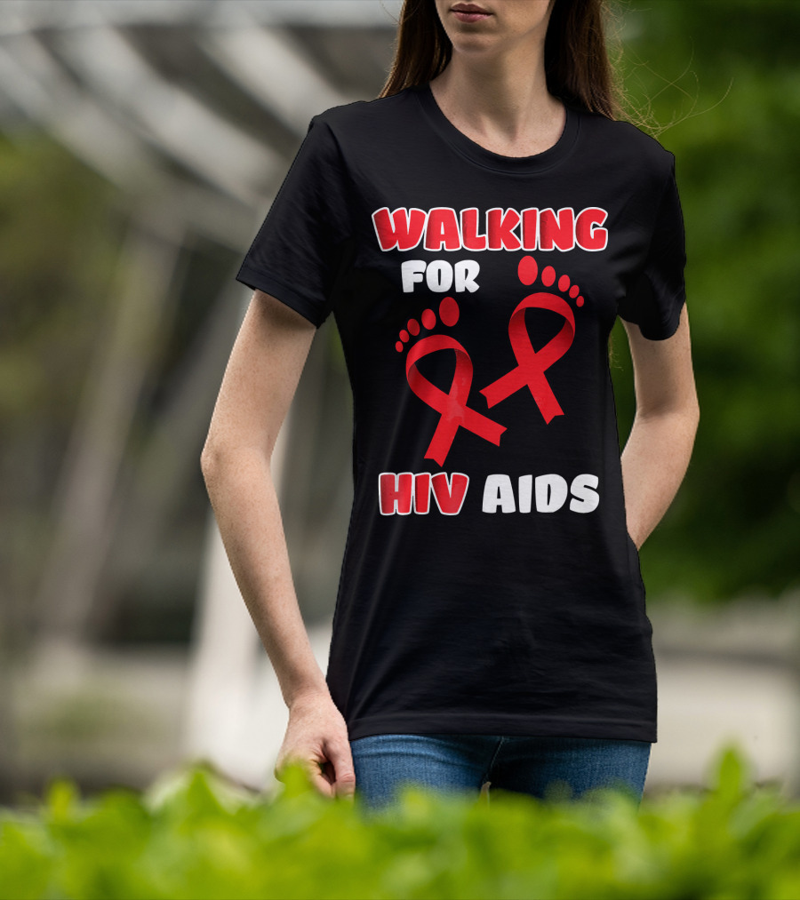 Walking For Hiv Aids Awareness With Red Ribbon Footprint T-Shirt
