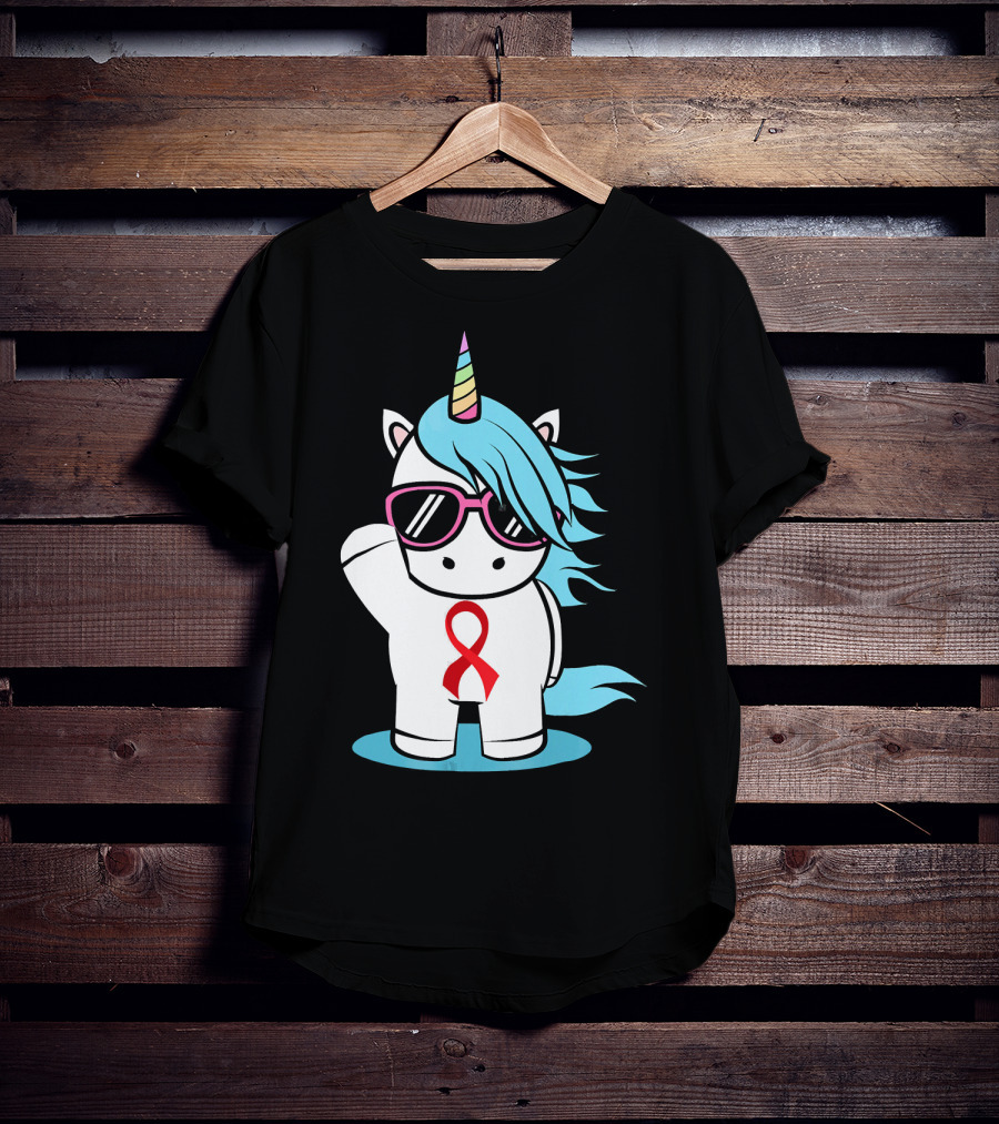 Unicorn With Sunglasses Red Ribbon Aids Awareness HIV Stigma Support T-Shirt