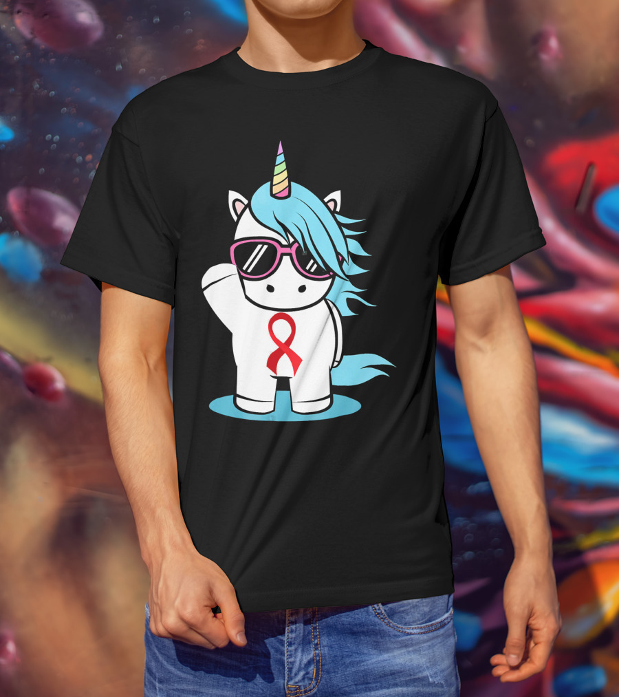 Unicorn With Sunglasses Red Ribbon Aids Awareness HIV Stigma Support T-Shirt