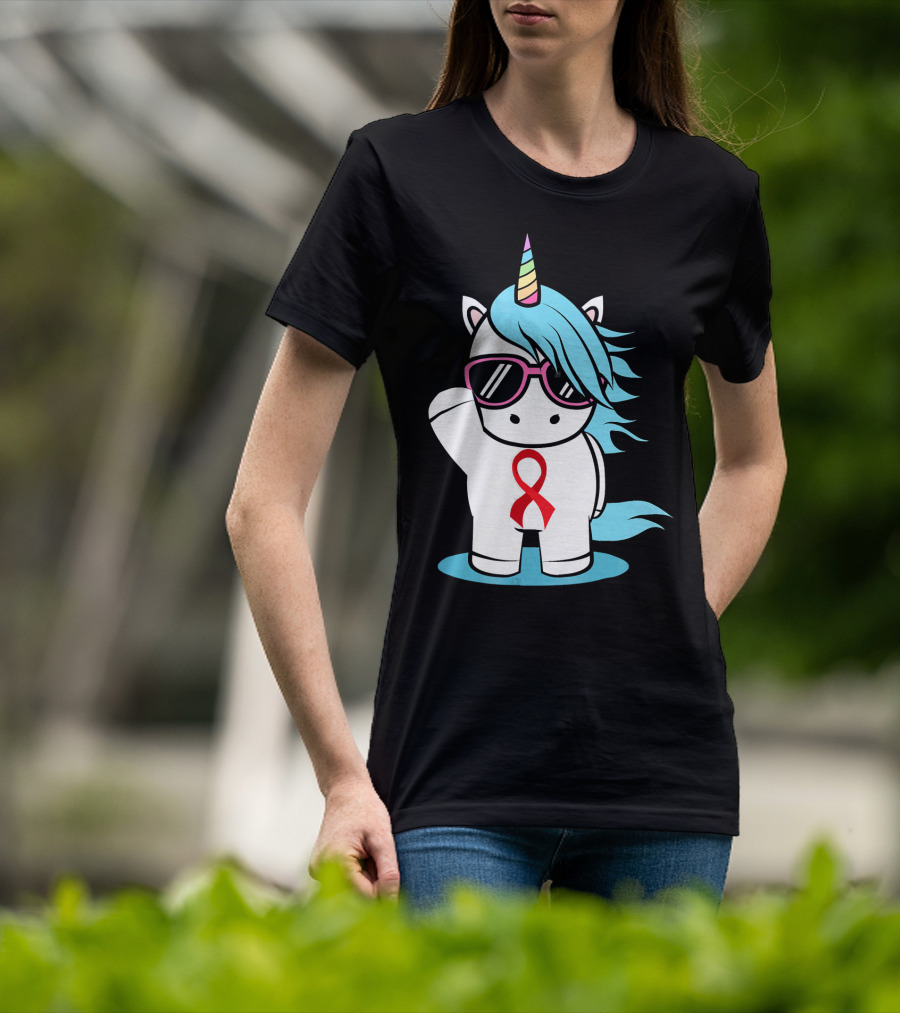 Unicorn With Sunglasses Red Ribbon Aids Awareness HIV Stigma Support T-Shirt
