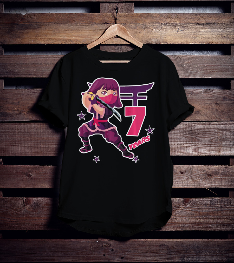 Ninja Girl 7 Years Birthday Celebration With Sword And Stars T-Shirt
