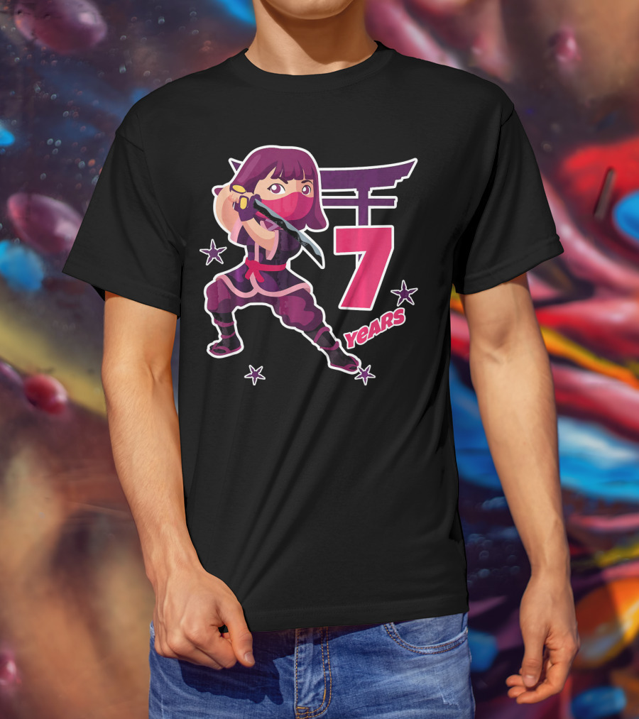 Ninja Girl 7 Years Birthday Celebration With Sword And Stars T-Shirt