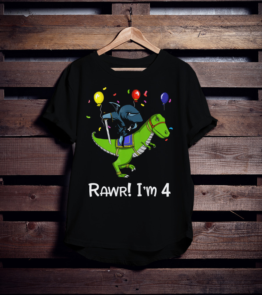 Shark Ninja Riding Dinosaur Rawr I'm 4 Birthday Celebration Balloons T-Shirt
