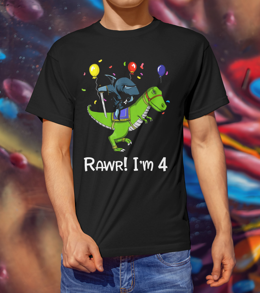 Shark Ninja Riding Dinosaur Rawr I'm 4 Birthday Celebration Balloons T-Shirt