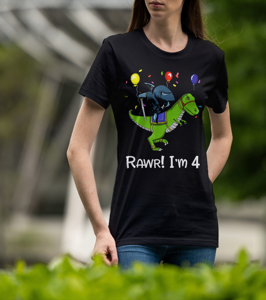 Shark Ninja Riding Dinosaur Rawr I'm 4 Birthday Celebration Balloons T-Shirt