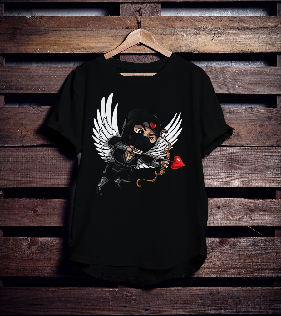 Ninja Cupid Valentine With Bow And Heart Arrow Angel Wings T-Shirt