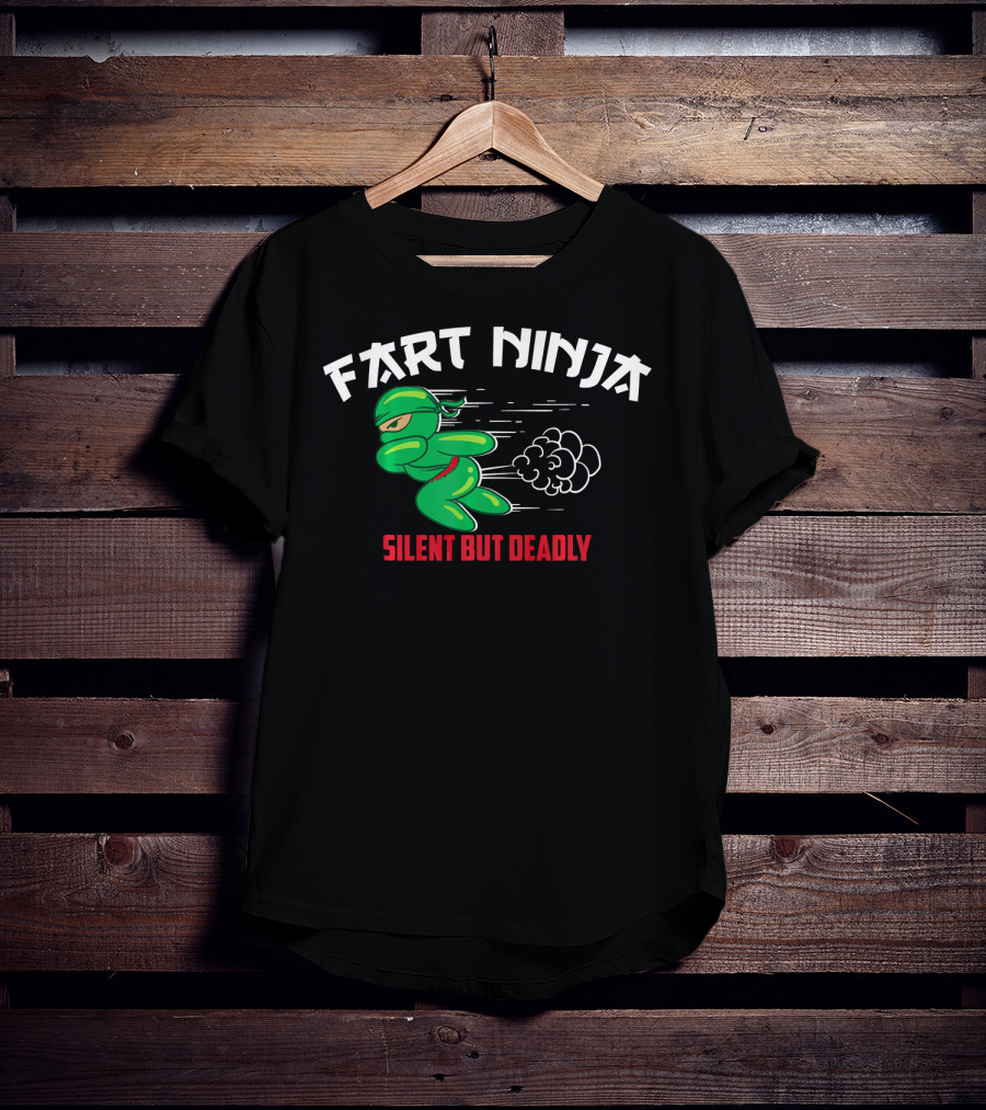 Fart Ninja Silent But Deadly Green Stealthy Figure With Cartoon Gas Cloud T-Shirt