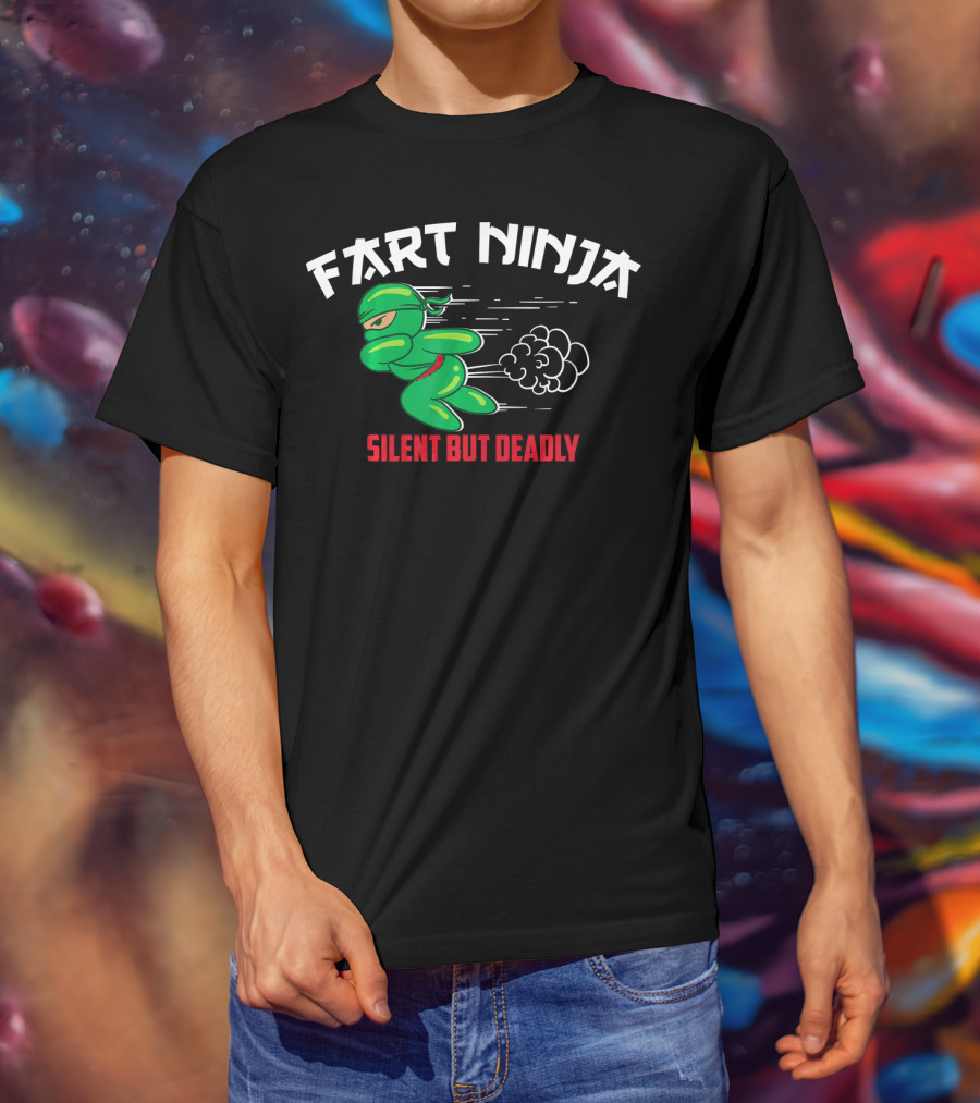 Fart Ninja Silent But Deadly Green Stealthy Figure With Cartoon Gas Cloud T-Shirt