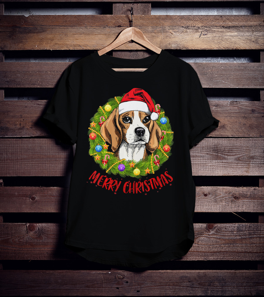Merry Christmas Beagle Dogs In Santa Hat With Holiday Wreath T-Shirt