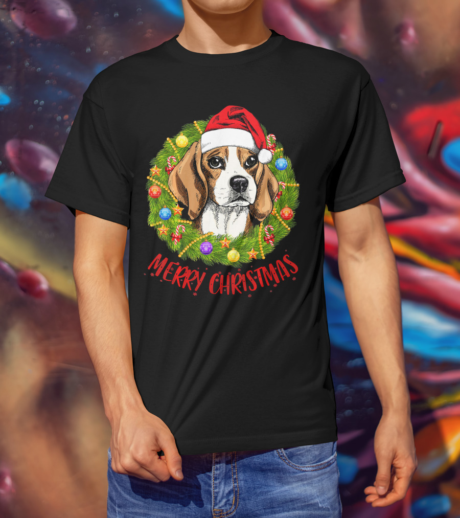 Merry Christmas Beagle Dogs In Santa Hat With Holiday Wreath T-Shirt