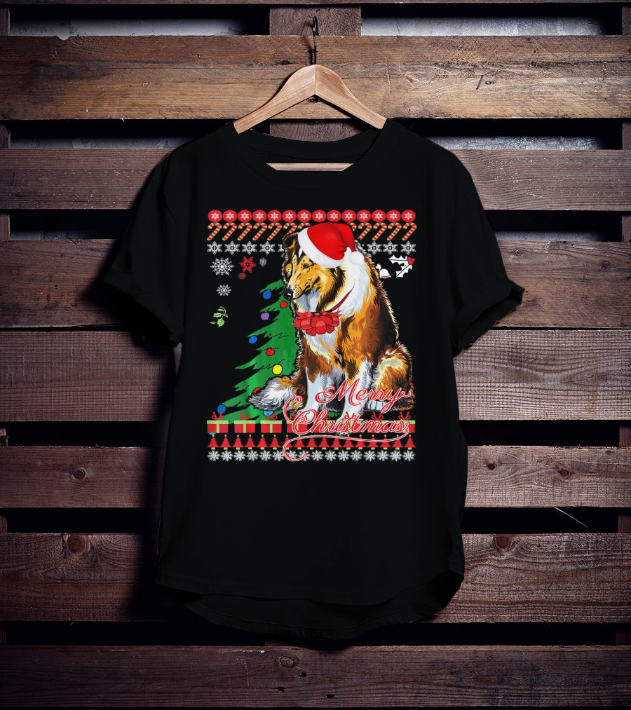 Merry Christmas Rough Collie Santa Hat Snowflakes Gifts Holiday T-Shirt