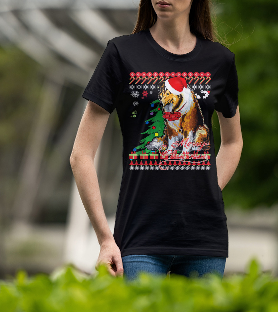 Merry Christmas Rough Collie Santa Hat Snowflakes Gifts Holiday T-Shirt