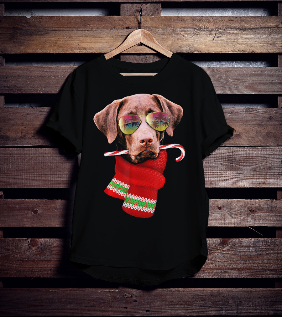 Christmas In July Labrador Sunglasses Candy Cane Scarf T-Shirt