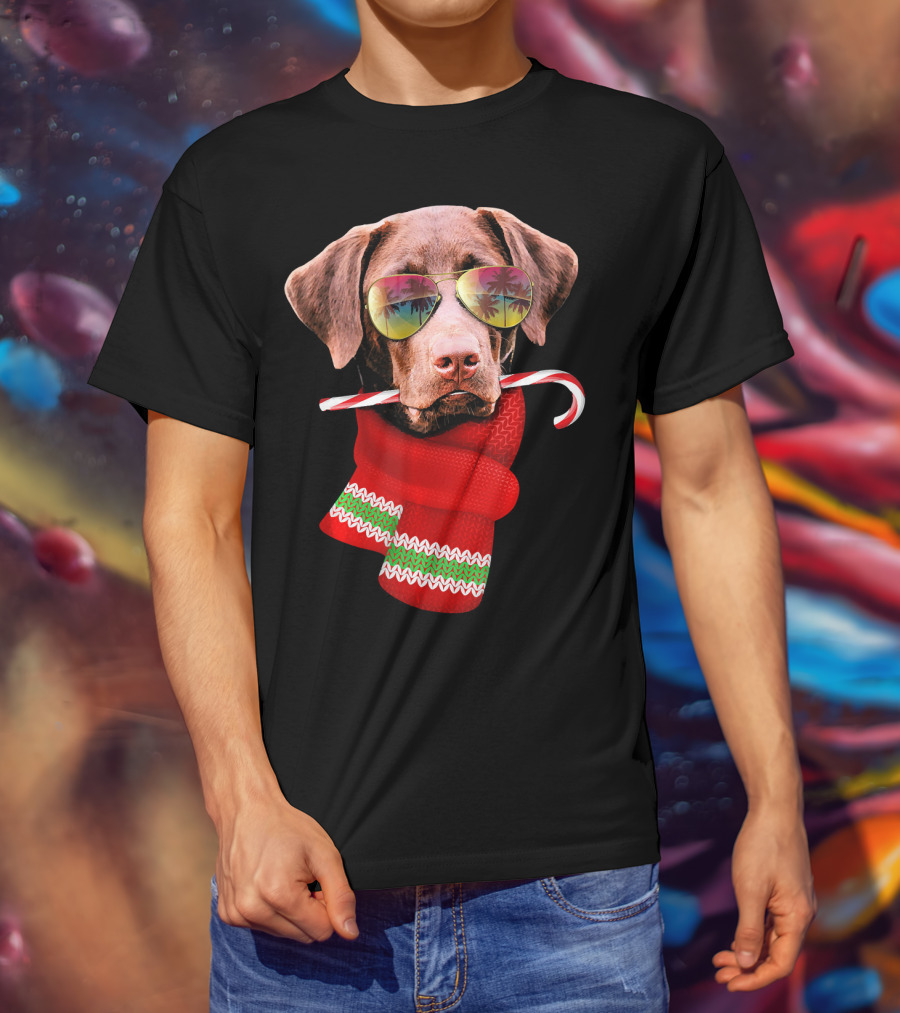 Christmas In July Labrador Sunglasses Candy Cane Scarf T-Shirt