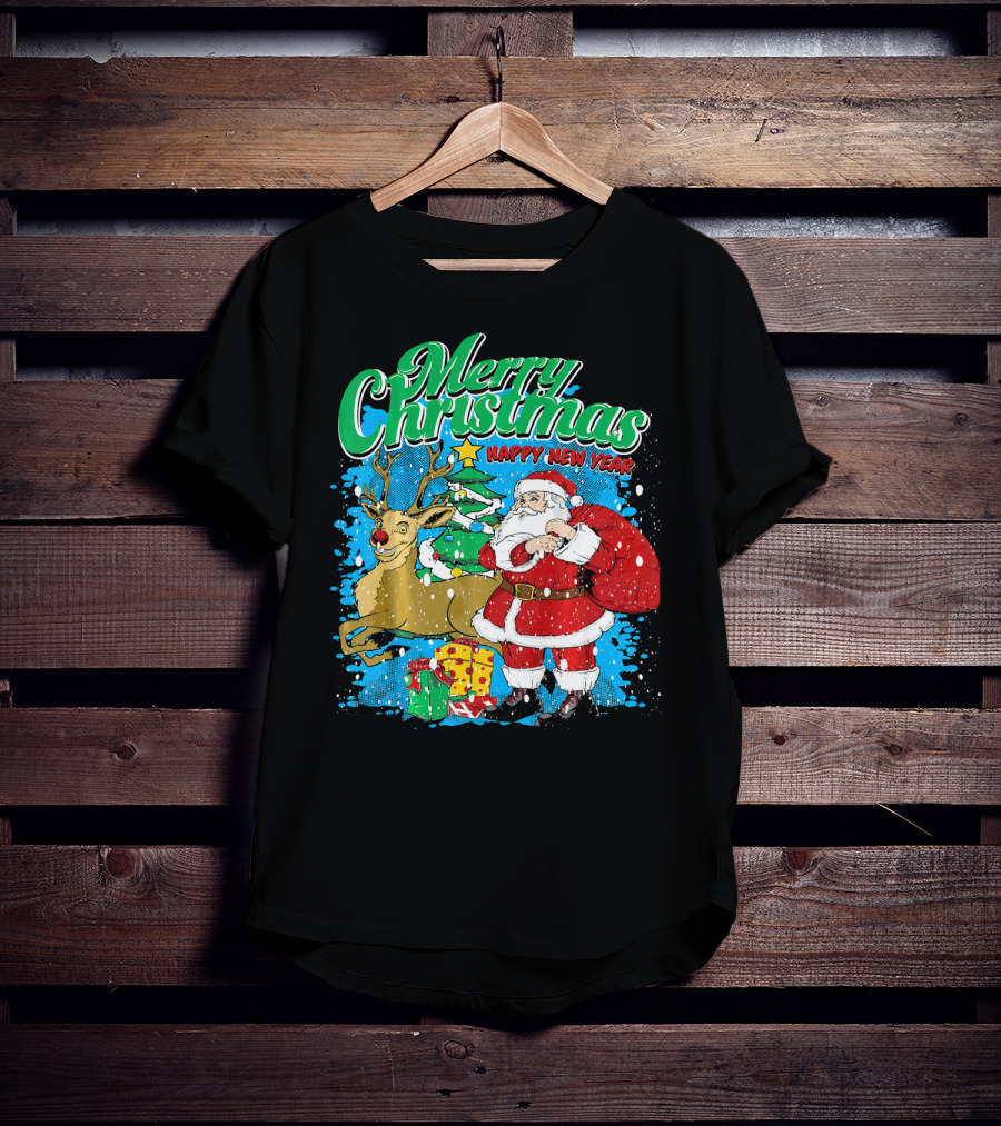 Merry Christmas Happy New Year Santa Claus Reindeer Presents T-Shirt