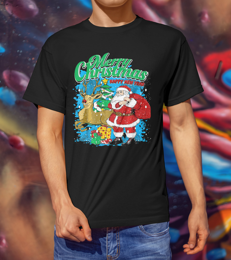 Merry Christmas Happy New Year Santa Claus Reindeer Presents T-Shirt