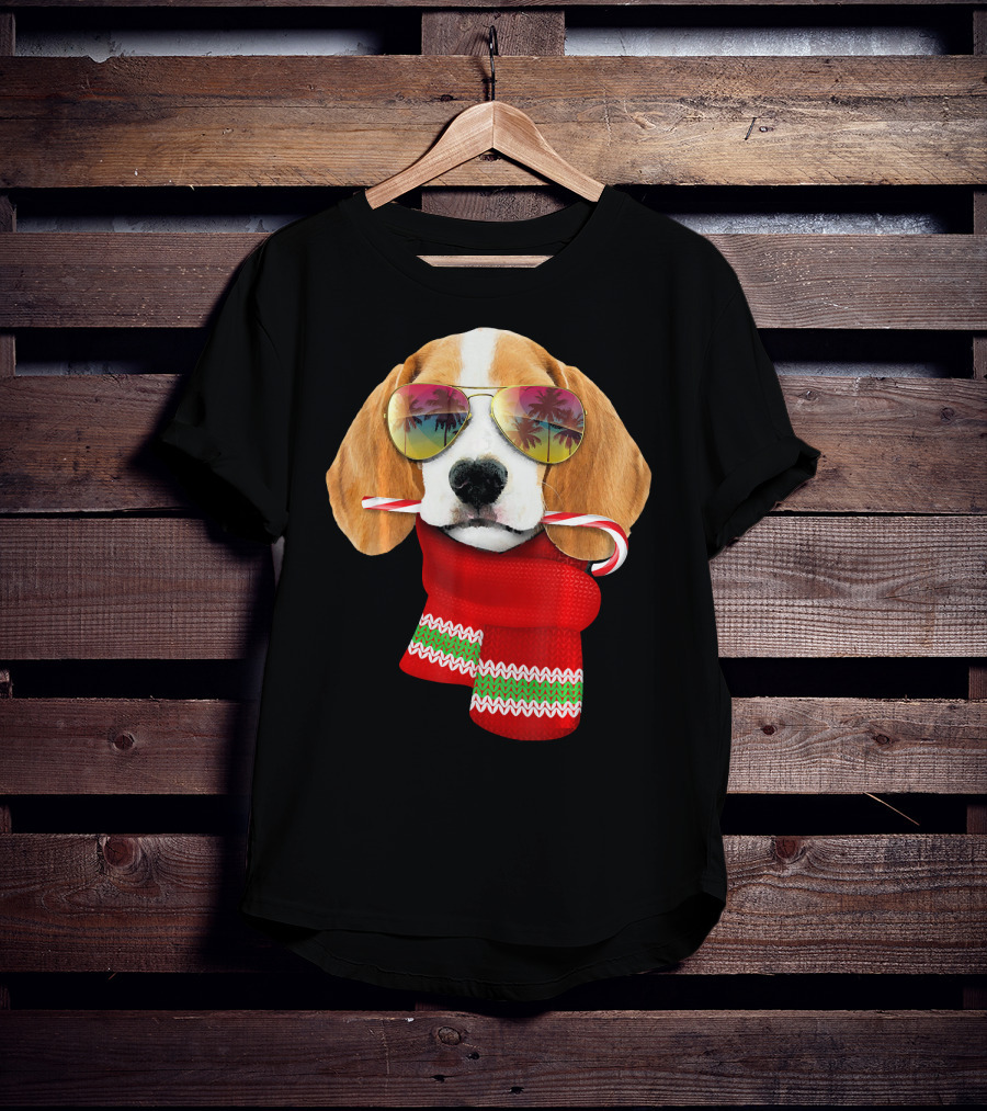 Christmas In July Beagle Sunglasses Candy Cane Scarf T-Shirt